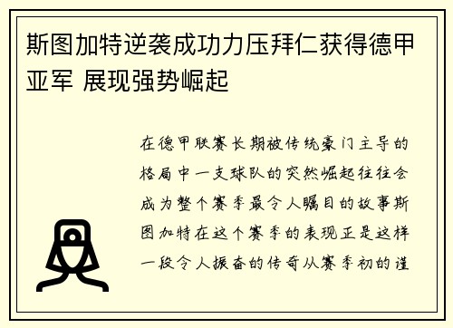 斯图加特逆袭成功力压拜仁获得德甲亚军 展现强势崛起